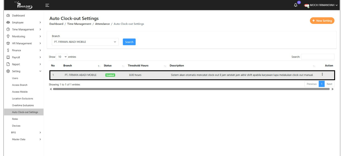 Hasil Pengaturan Auto Clock-out