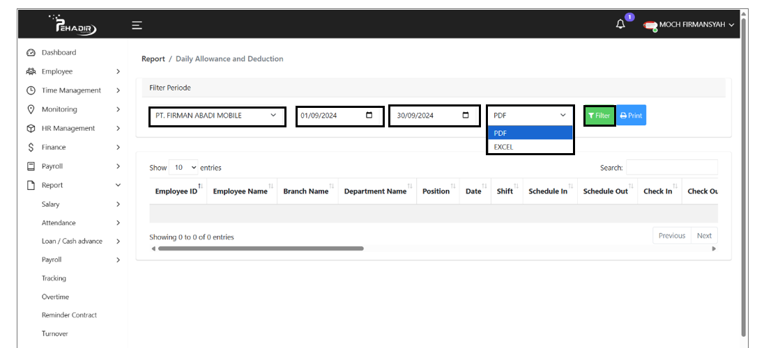 Filter Cabang dan Periode Daily Allowance