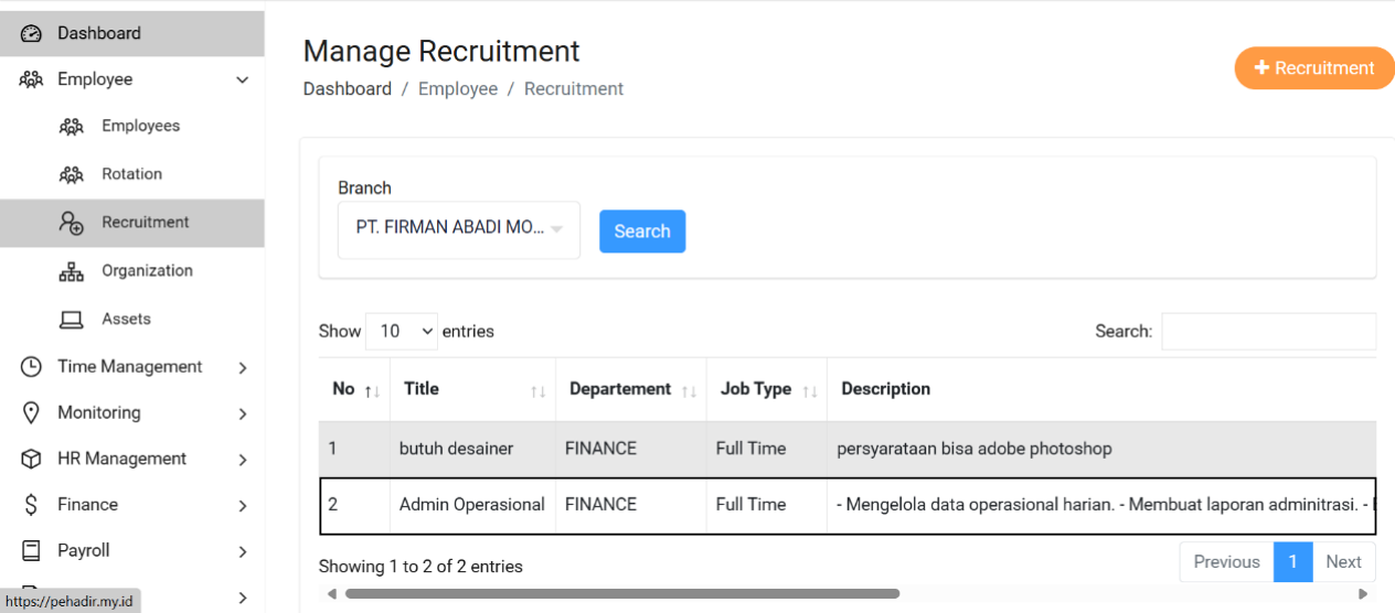 Fitur Input Lowongan