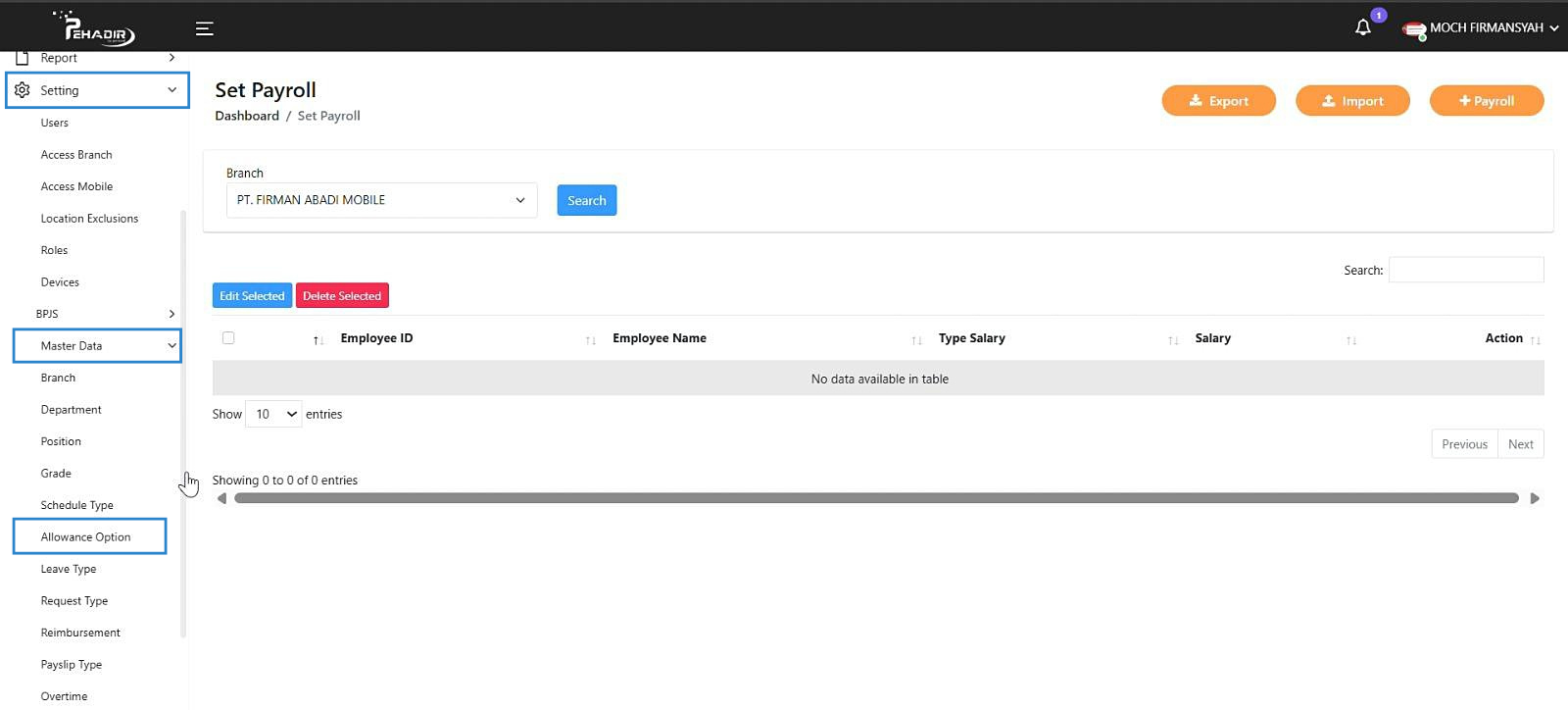Menu Allowance Option