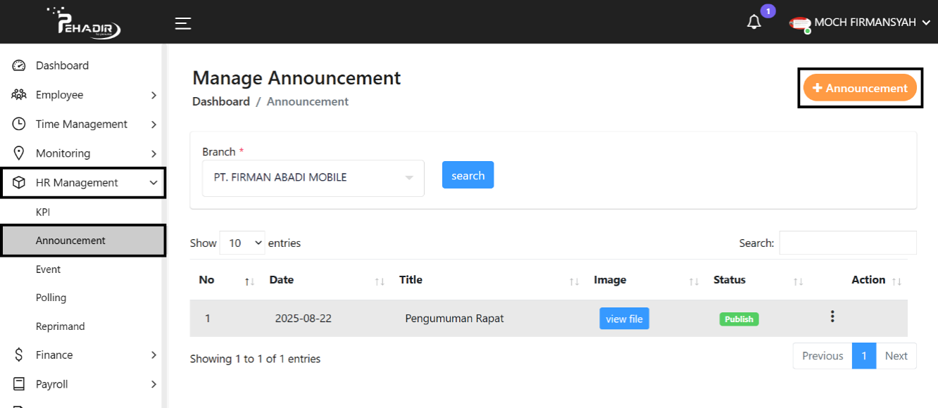 Fitur Manage Announcement