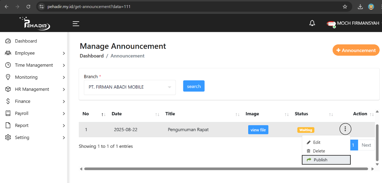 Fitur Manage Announcement