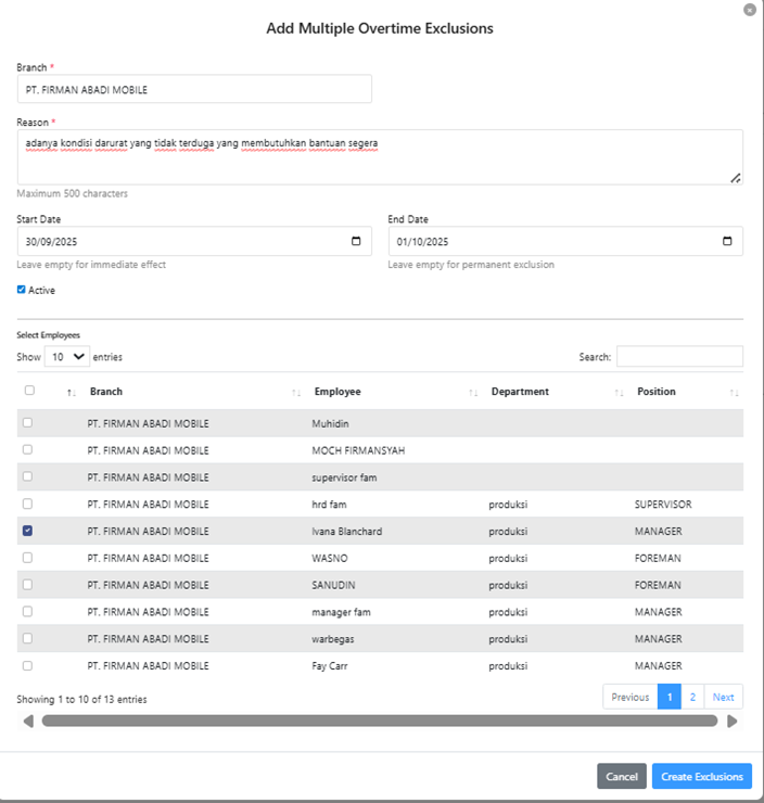Form Add Multiple Overtime Exclusions