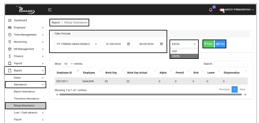 Pengaturan Filter Report Attendance