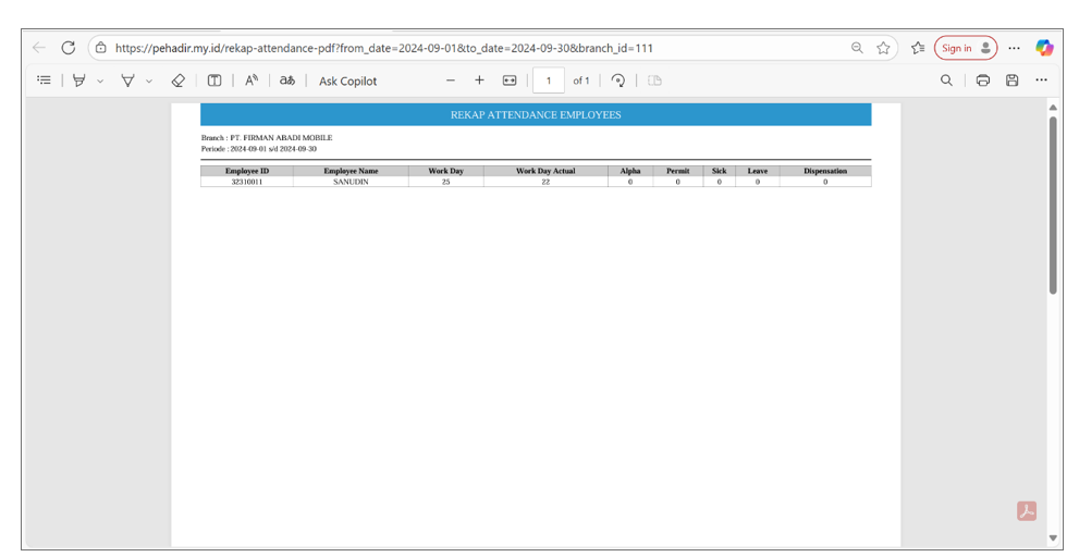 Tampilan Report Attendance PDF