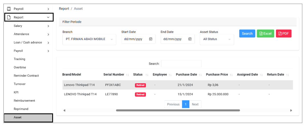 Menu Report Asset Pehadir