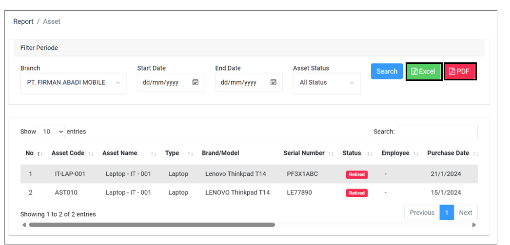 Export Laporan Asset Pehadir