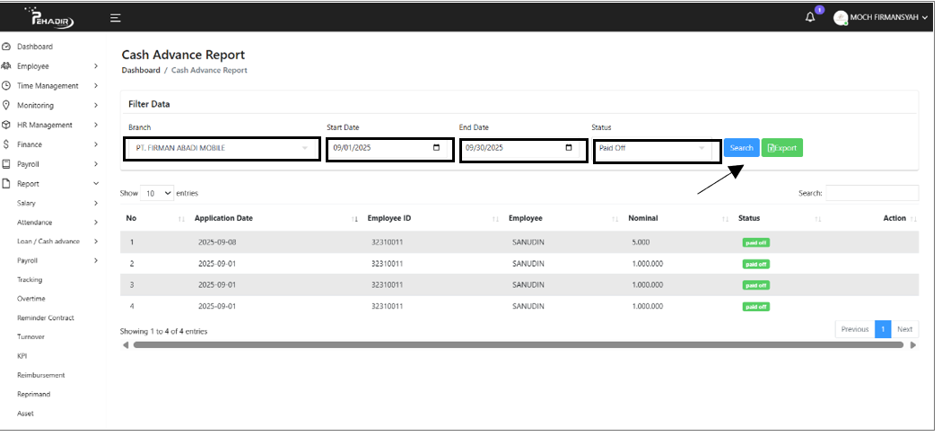 Filter Data Cash Advance Pehadir