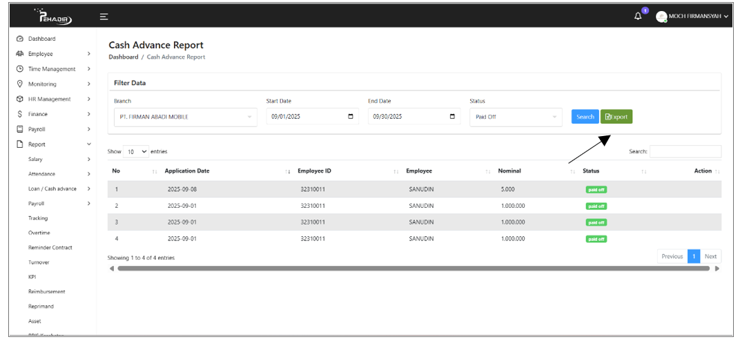 Export Laporan Cash Advance Pehadir