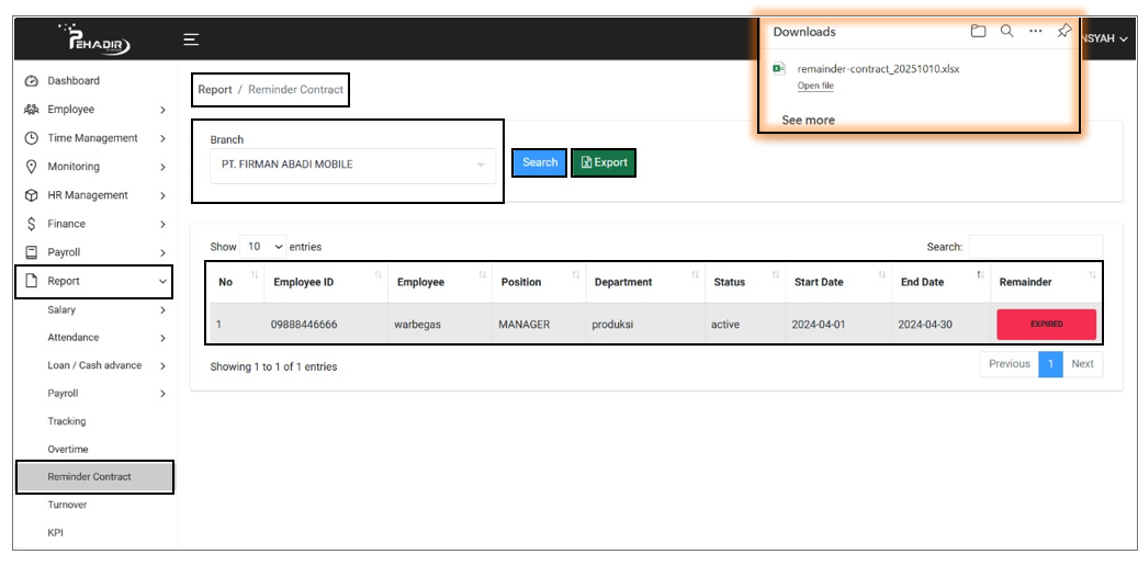 Tampilan Data Reminder Contract