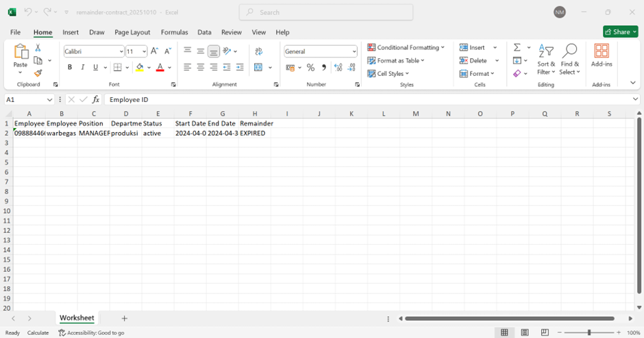 Tampilan File Excel Reminder Contract